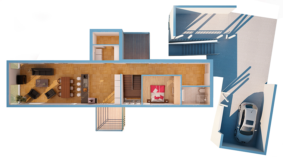 3D-plantegning av hus og garasje