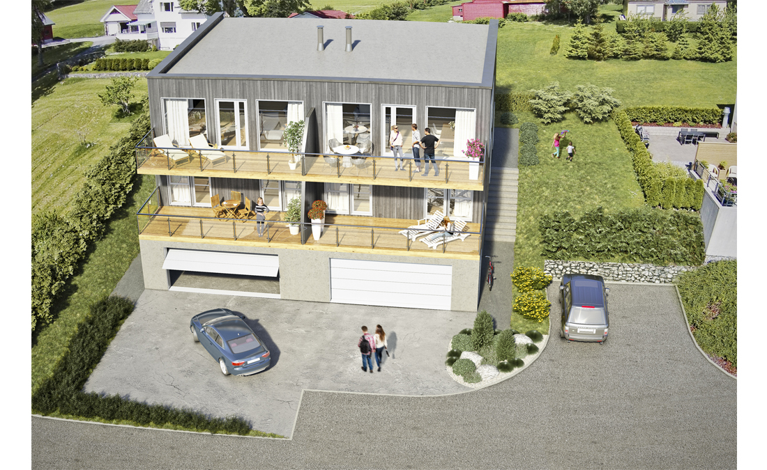 en gjengivelse av et hus med en bil parkert foran.