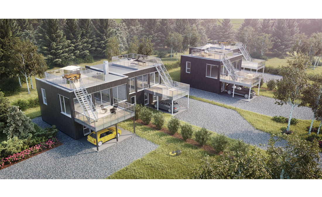 3D-gjengivelse av et moderne hus på landsbygda.