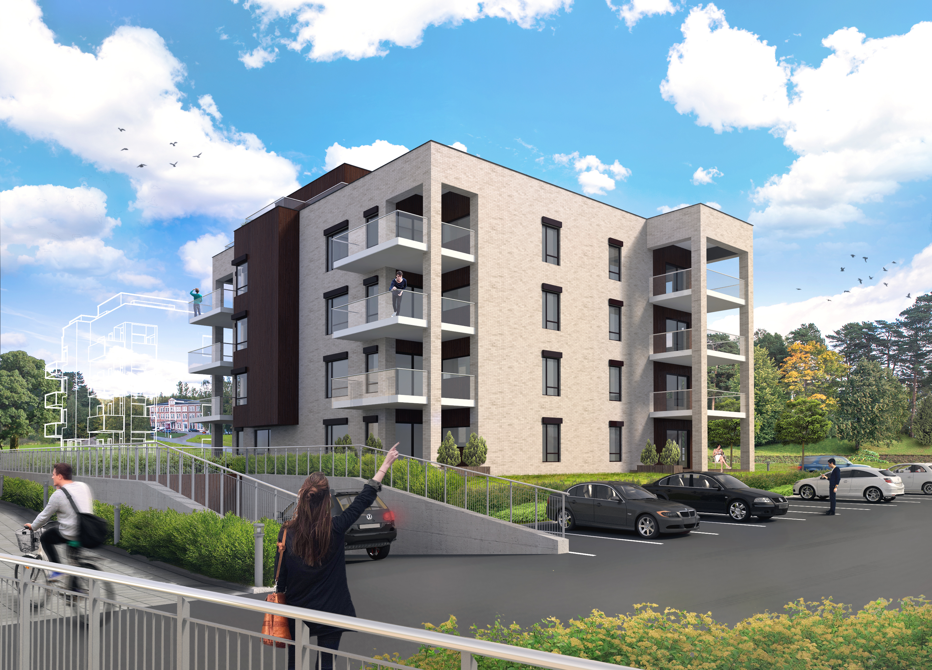 en kunstners gjengivelse av en bygård.